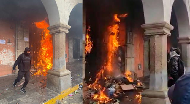 estudiantes de la UNSCH incendian la  puerta del rectorado