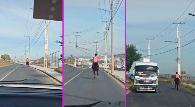 Un conductor captó el preciso instante en que el joven cabalgaba.