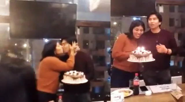 Betssy Chávez y Abel Sotelo dándose beso en cumpleaños