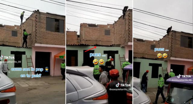 Los policías peruanos estaban tras el ladrón cuando uno terminó cayéndose por el techo de calamina y es viral en TikTok.