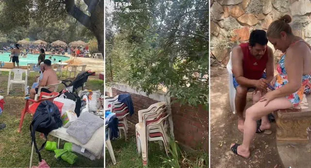 La pareja fue captada en una peculiar escena antes de que la mujer se meta a la piscina y es viral en TikTok.