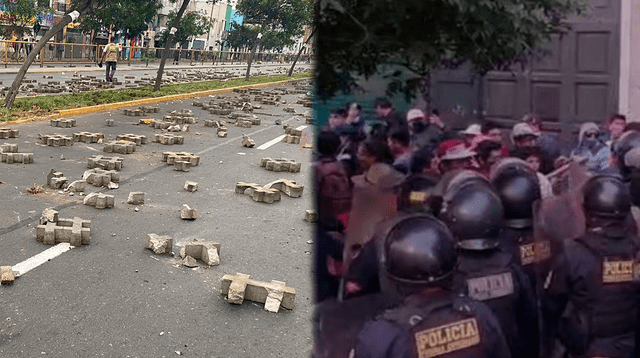 Enfrentamientos entre la PNP y la manifestantes, deja calles destrozadas en el Centro de Lima.