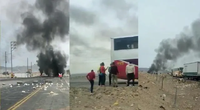 Protestantes mantienen bloqueo de la carretera de la Panamericana Sur.