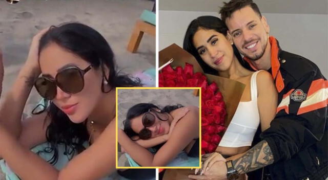 Melissa Paredes y Anthony Aranda se relajan en la playa.