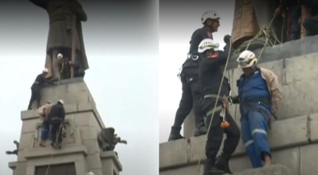 manifestante sube a la estatua de la Plaza Manco Cápac