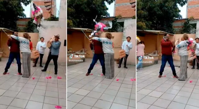 Video viral: señor quiso romper la piñata, pero golpeó a señora.