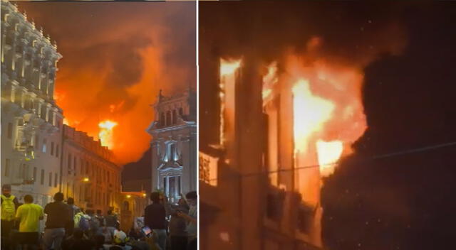 Bomberos luchan contra el fuego en incendio cerca a Plaza San Martín por protestas.