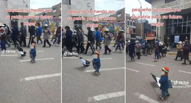 Un niño fue captado marchando junto a los manifestantes y escena genera polémica en TikTok.