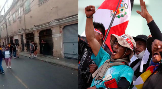 Manifestantes expresaron su medida de lucha frente a comerciantes.