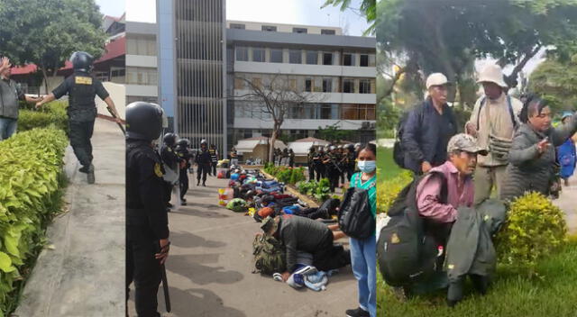 PNP coloca a manifestantes en el suelo para revisarles sus pertenencias.