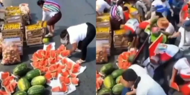 Manifestantes entregan frutos en rodaja a asistentes de la marcha.