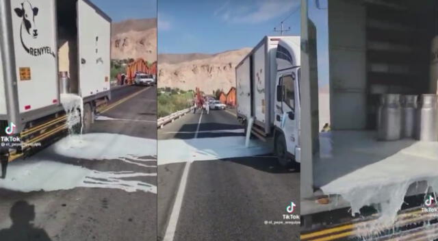 Leche botada en medio de la carretera por bloqueos de protestantes