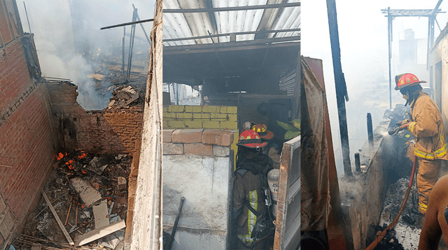 Bomberos intentan apagar el fuego que se originó en la habitación de una quinta en Breña.