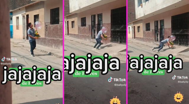 El joven no piso bien y acabó en el suelo con todo y flores.