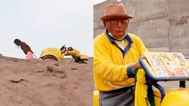 Heladero de D'Onofrio es ayudado por un bañista al no poder cruzar pendiente en Huacho.