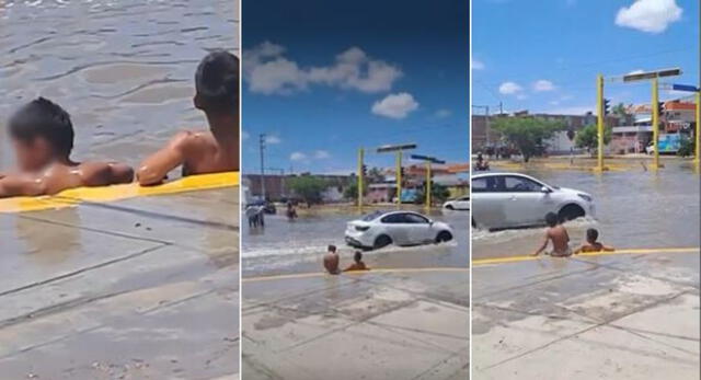 Niños piuranos fueron captados bañándose en plena calle y escena es viral en TikTok.