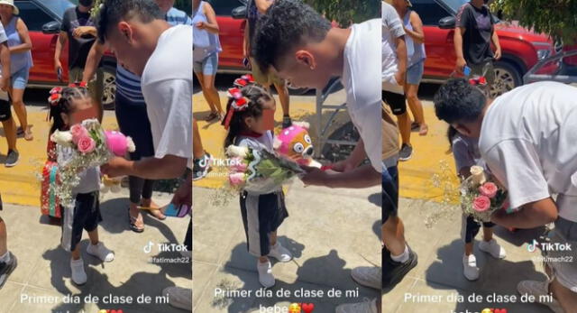 Es viral en TikTok. Padre de familia recoge a su hija con ramo de flores y peluche en su primer día de clases.