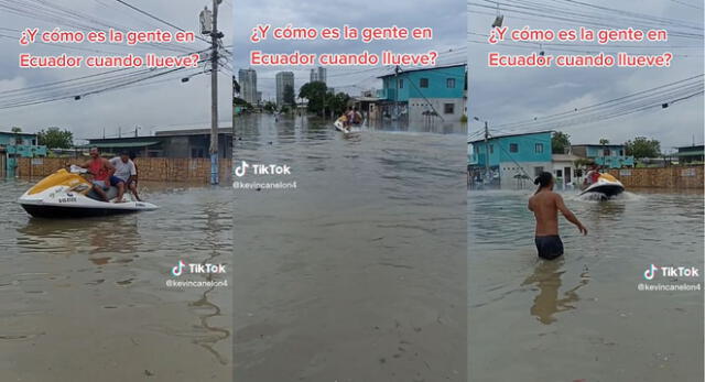 Personas en una ciudad de Ecuador salieron a divertirse en la calle inundada y escena es viral en TikTok.