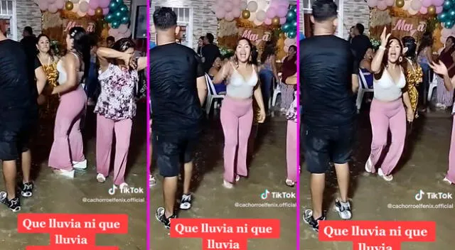 La joven siguió celebrando su fiesta pese a la lluvia.