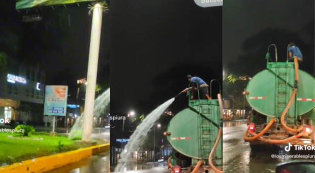 Camión cisterna cumplia con su trabajo pese a estar todo inundado.