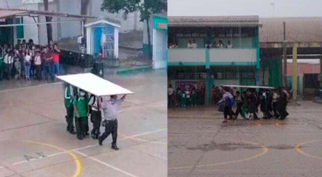 Alumnos y docentes cruzaban el patio con una madera, pero igual se mojaron.