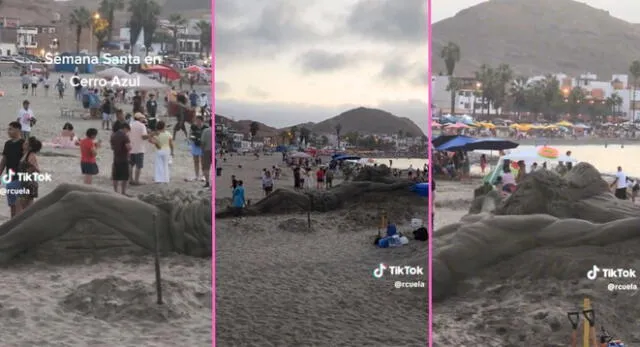 Artista peruano talla a Jesús en la cruz en arena en playa de Cerro Azul y es viral en TikTok.