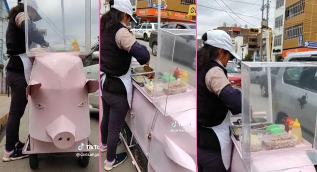Peruana tiene su carreta en forma de chancho para vender sus ricos chicharrones en Huancayo y es viral en TikTok.