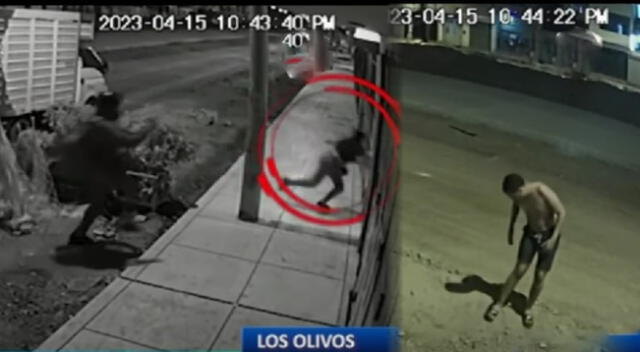 Delincuente persiguiendo a su víctima y a la derecha el vecino herido de bala.