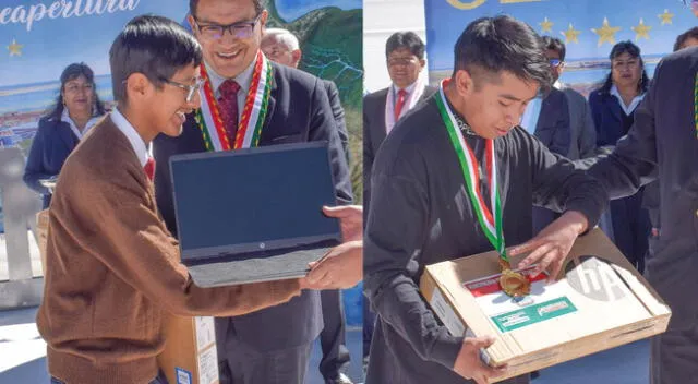 Estudiantes recibieron laptops de las autoridades de Azángaro.