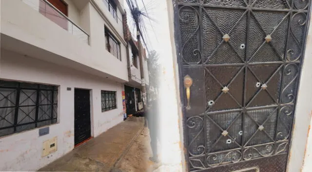 Puerta de vivienda baleada por delincuentes.