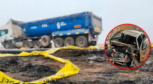 Auto quedó destrozado y quemado tras el choque contra el tráiler.