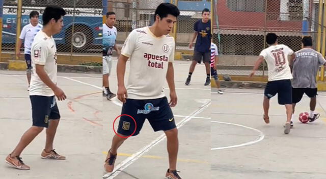 Joven peruano sorprendió en las redes sociales jugando pichanga con camiseta de Universitario y short de Alianza Lima.