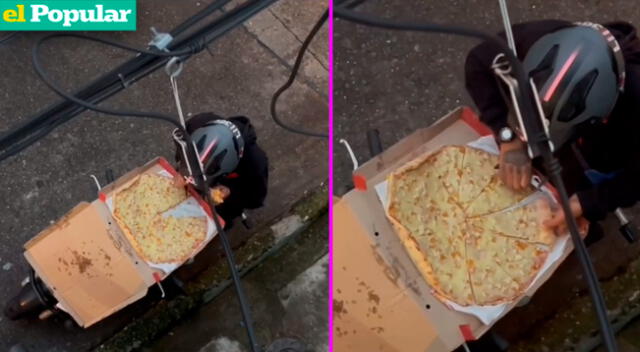 La joven no imaginó que se iba a encontrar al repartidor comiéndose su pizza.