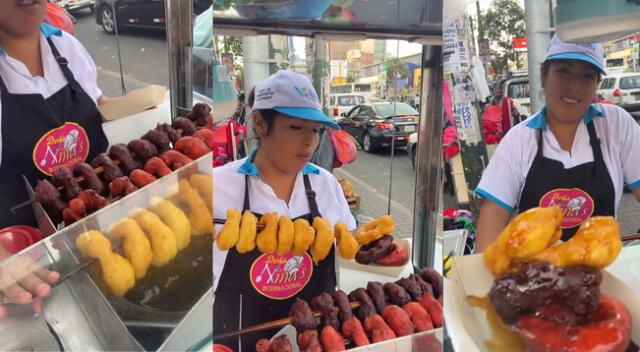 Ambulante vendiendo picarones de varios sabores.