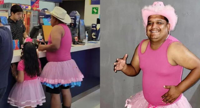 Padre de familia conmueve en redes sociales al vestir de rosa para ir con su hija a ver Barbie.