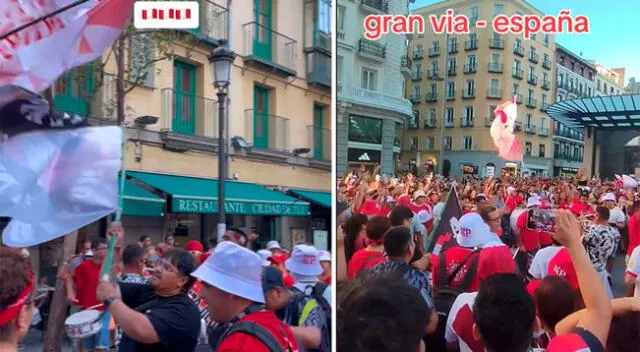 Peruanos en Madrid celebran con 'banderazo' en la Gran Vía por las Fiestas Patrias.