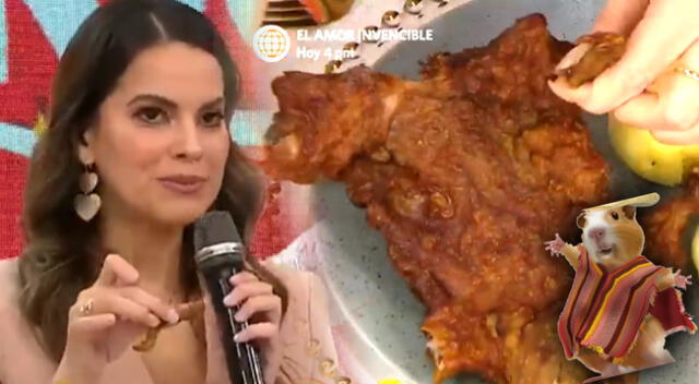 Valeria Piazza saltó al ver la patita del cuy frito.