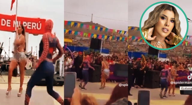 Yahaira Plasencia sorprendida en el distrito de Mi Perú por imitador de Spiderman.