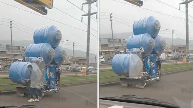 Un mototaxista se volvió viral tras llevar de manera increíble cuatro cisternas.