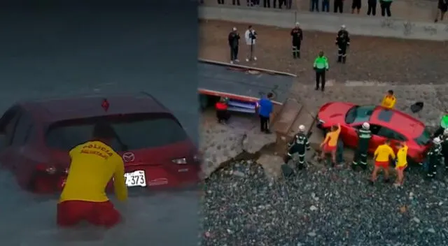 Auto terminó dentro de playa Los Deflines y fue rescatado por la PNP.