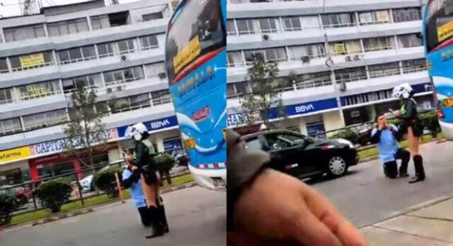 Chofer de combi se arrodilla a una policía en plena calle de San Isidro y deja en shock.