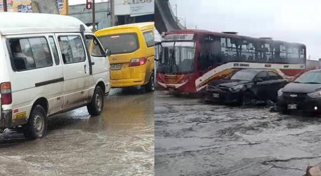 Vehículos de transporte público circularon hoy jueves por pistas repletas de lluvia.