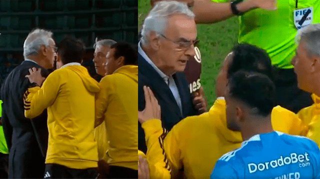 Jorge Fossati y Tiago Nunes tuvieron una acalorada discusión sobre el final del partido.
