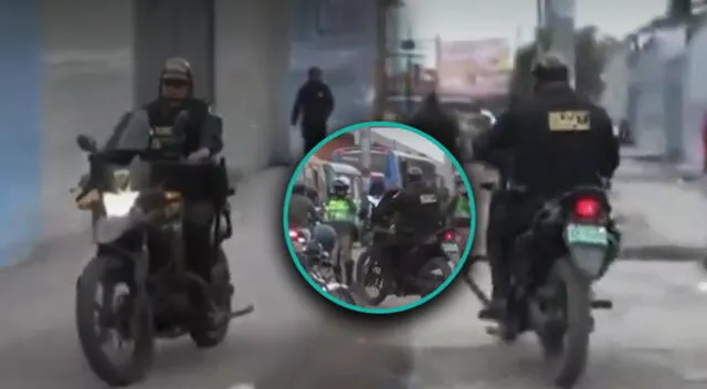 Policía motorizado invade vereda peatonal del Rímac en presencia de sus colegas.