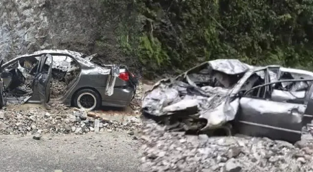 Auto fue aplastado por rocas en la Carretera Central, en Junín y lamentablemente murió una persona.