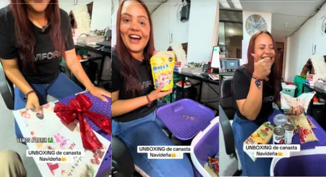 Trabajadora de emprendimiento peruano muestra su canasta navideña y es viral en TikTok.