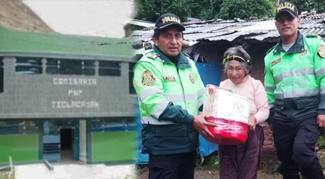 Policías ayudan a abuelitos de Pasco con canastas navideñas a días de terminarse el año.