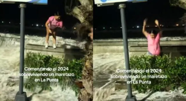 Joven peruana comienza el 2024 con singular 'chapuzón' en La Punta y escena es viral en TikTok.