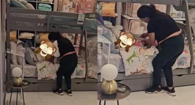 Mujer cambia el pañal de su bebé sobre una cama en venta del Mall Aventura de SJL y es viral en TikTok.