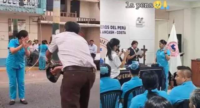 Padre bañó a su hija con champán tras licenciarse como enfermera y escena es viral en TikTok.